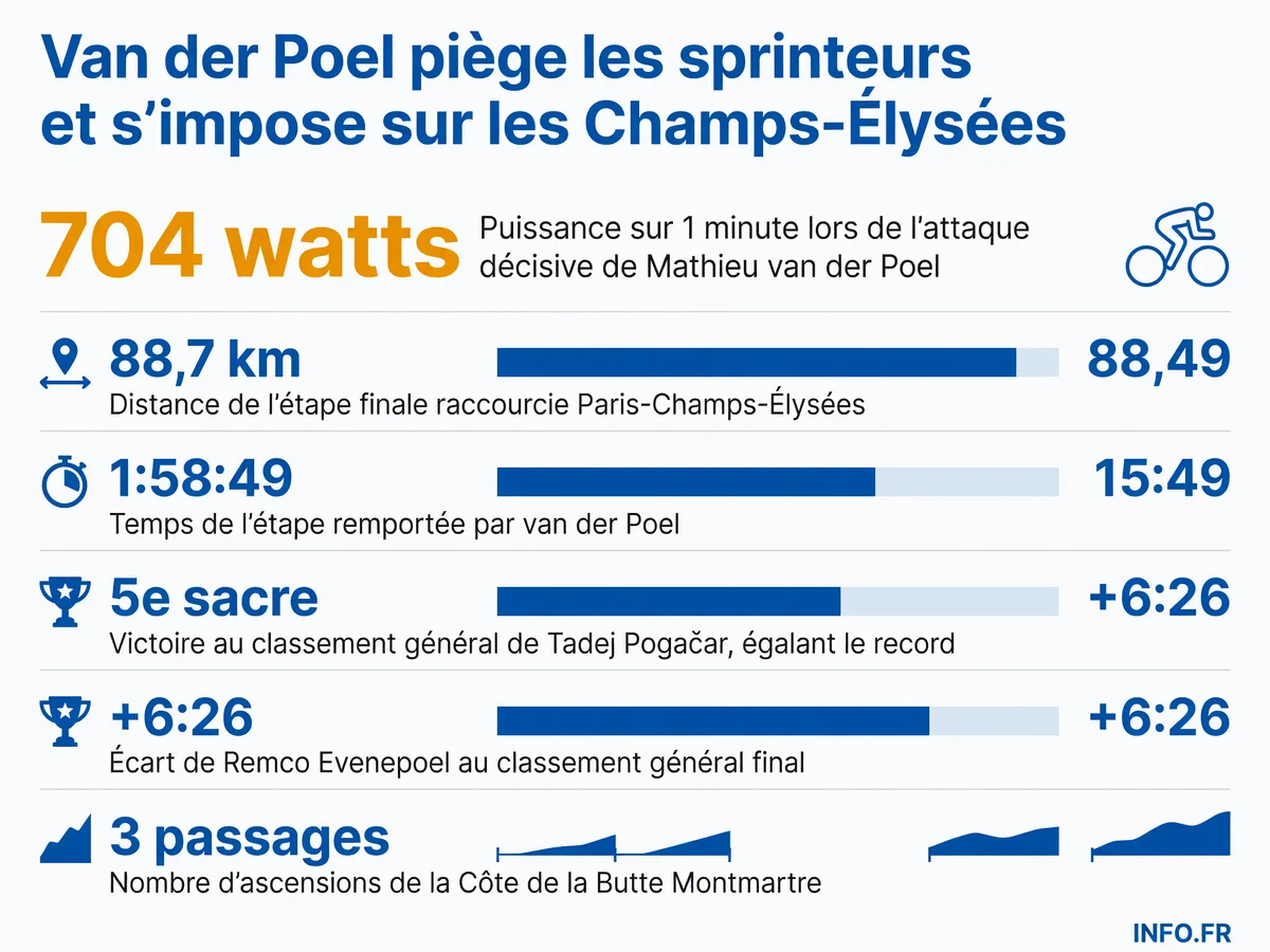 Infographie des données clés de la victoire de Mathieu van der Poel sur l'étape finale du Tour de France 2026 à Paris