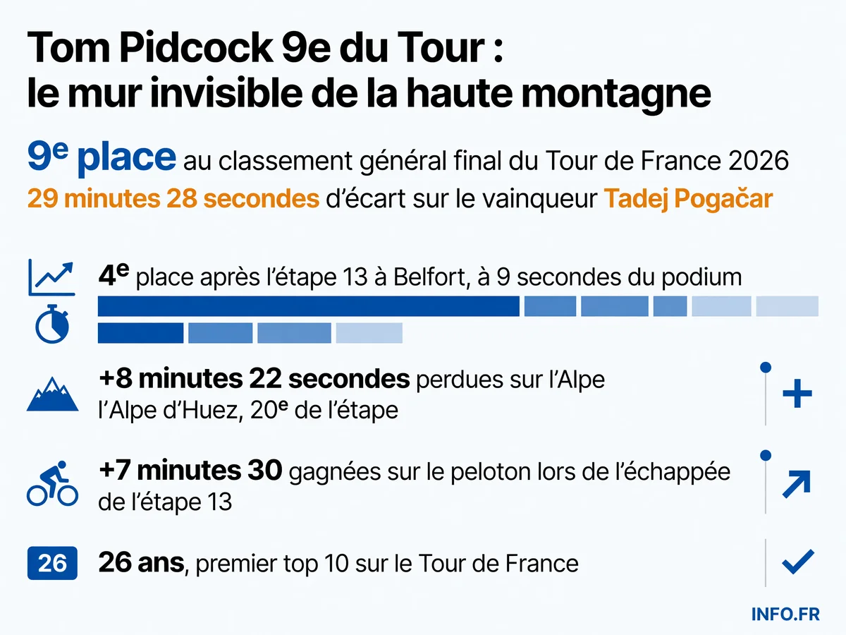 Graphique montrant le classement général de Tom Pidcock au Tour de France 2026: bond de la 10e à la 4e place à l'étape 13, puis chute à la 9e place après l'Alpe d'Huez