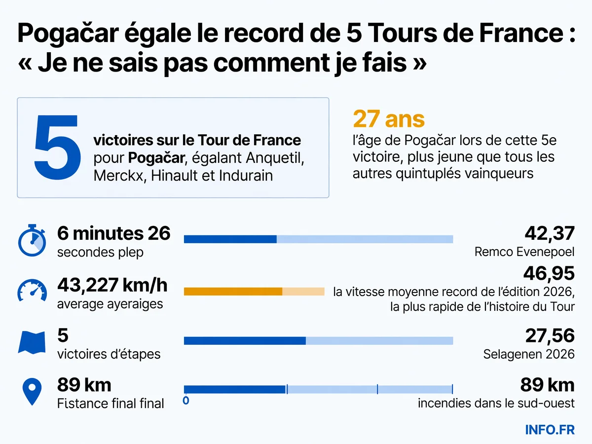 Infographie présentant les statistiques clés de la 5e victoire de Tadej Pogačar sur le Tour de France 2026: record égalé, âge record, écarts au général et vitesse moyenne historique