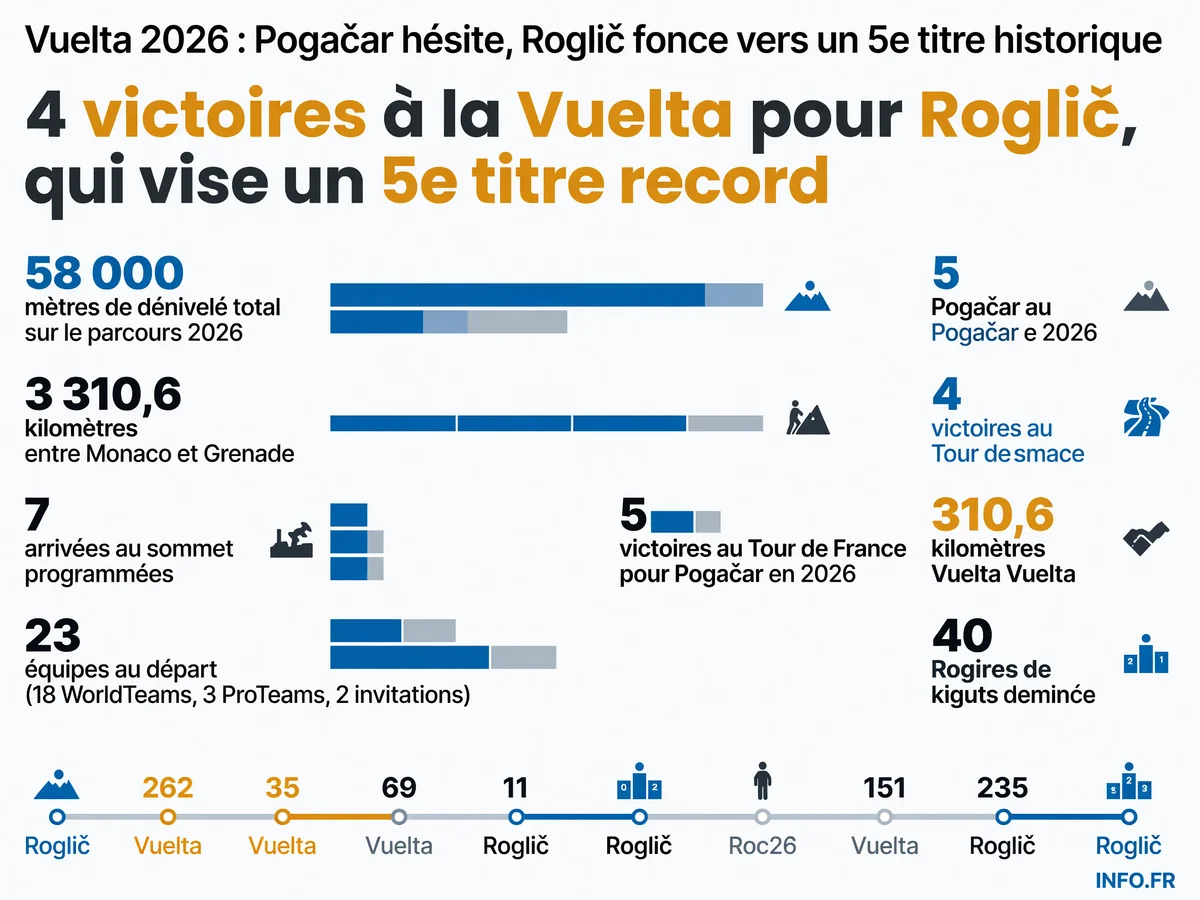 Infographie présentant les chiffres clés de la Vuelta 2026: parcours, dénivelé, composition du peloton et enjeux sportifs autour de Pogačar et Roglič
