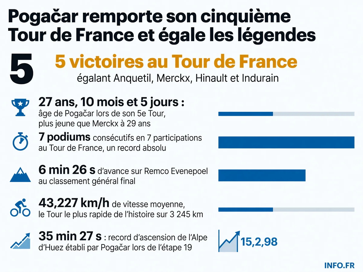 Les chiffres de la domination de Tadej Pogačar au Tour de France 2026: cinquième victoire à 27 ans, record de vitesse moyenne et sept podiums consécutifs