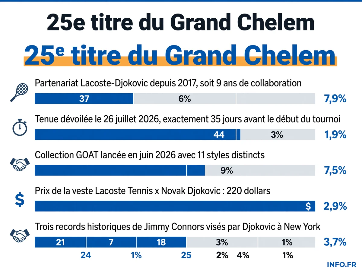 Infographie présentant les données clés de la tenue Lacoste de Novak Djokovic pour l'US Open 2026: âge du joueur, durée du partenariat, date de dévoilement, prix des pièces de la collection et records visés