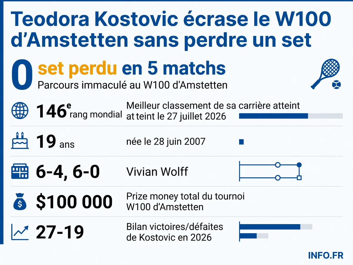 Infographie récapitulant la victoire de Teodora Kostovic au W100 d'Amstetten: parcours sans perdre un set, nouveau classement WTA et statistiques clés de sa saison 2026