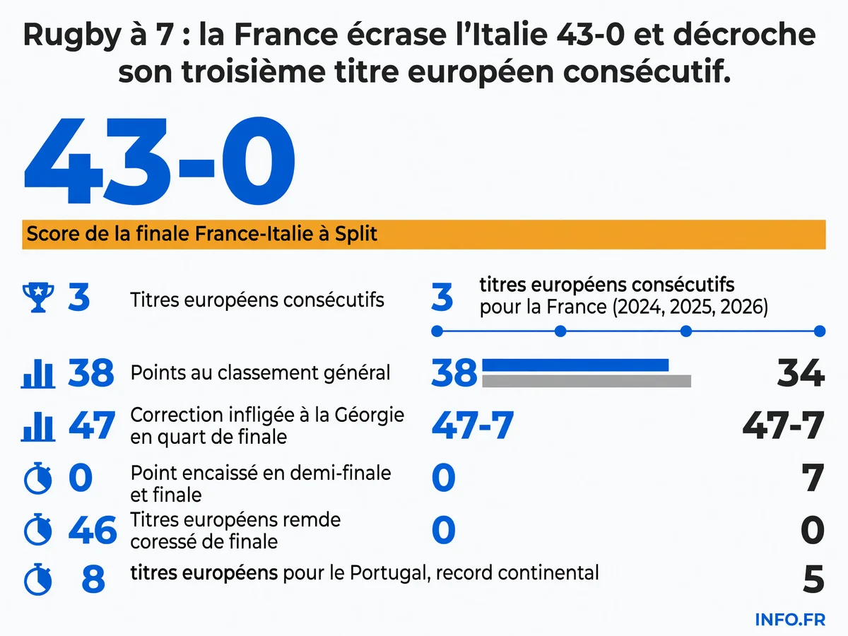 Infographie montrant le parcours de l'équipe de France masculine de rugby à 7 lors du championnat d'Europe 2026 à Split, avec les scores clés et le classement général final.