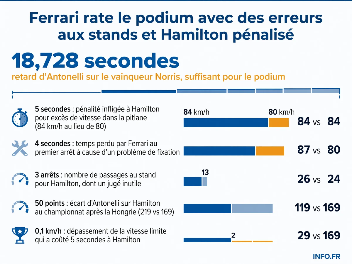 Infographie montrant les erreurs Ferrari en Hongrie: pénalité Hamilton, temps perdus aux stands, et écart au championnat Antonelli-Hamilton.