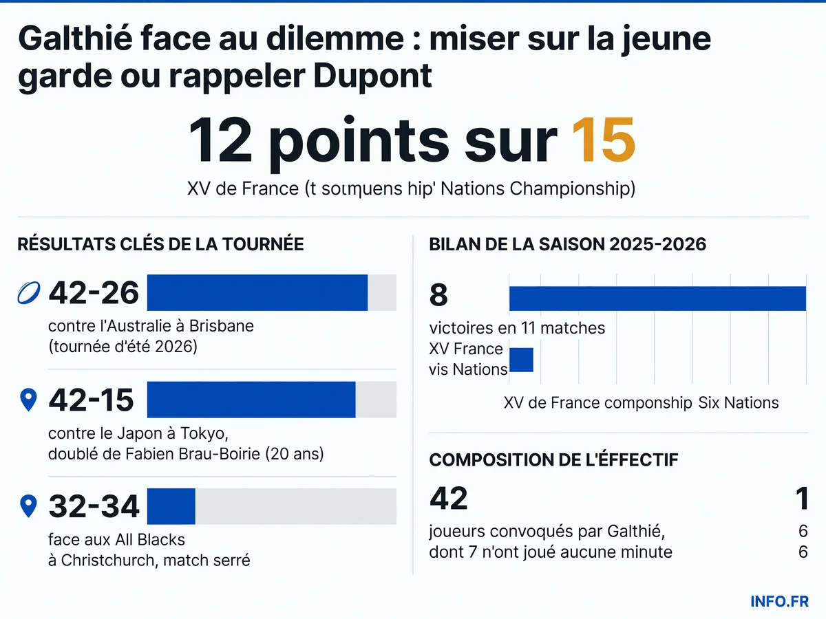 Bilan chiffré de la tournée d'été 2026 du XV de France dans le Championnat des Nations: scores des trois matches, points accumulés et effectif utilisé par Fabien Galthié