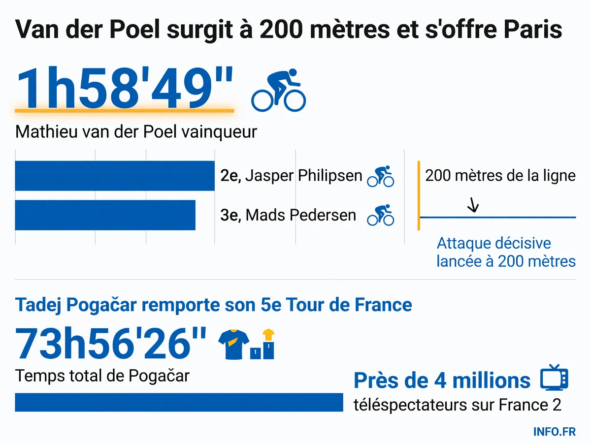 Résultats de la 21e étape du Tour de France 2026 sur les Champs-Élysées remportée par Mathieu van der Poel devant Jasper Philipsen et Mads Pedersen