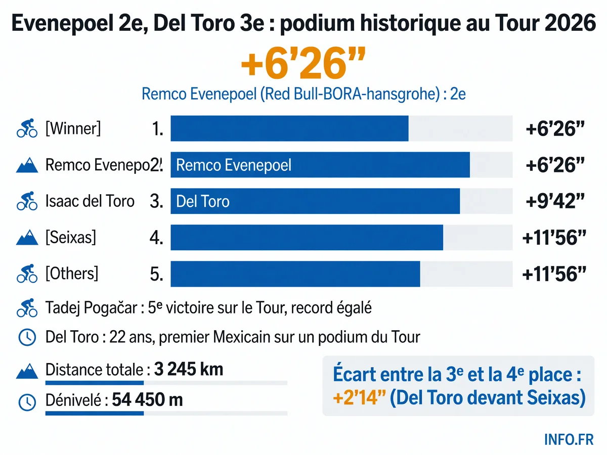 Classement général final du Tour de France 2026: Evenepoel 2e à 6'26", Del Toro 3e à 9'42", premier Mexicain sur un podium