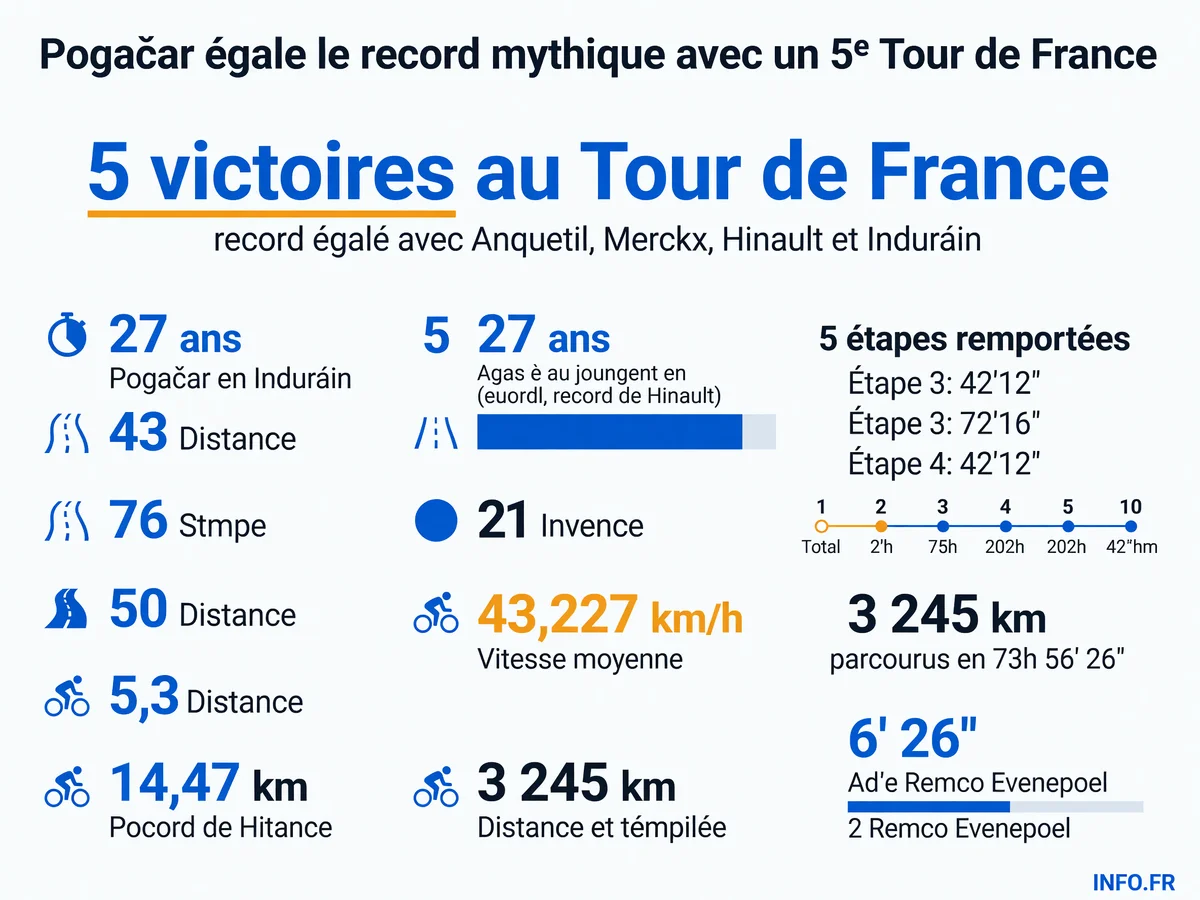 Infographie présentant les chiffres clés de la 5e victoire de Tadej Pogačar au Tour de France 2026: record égalé, précocité, vitesse moyenne historique et domination sur l'épreuve.