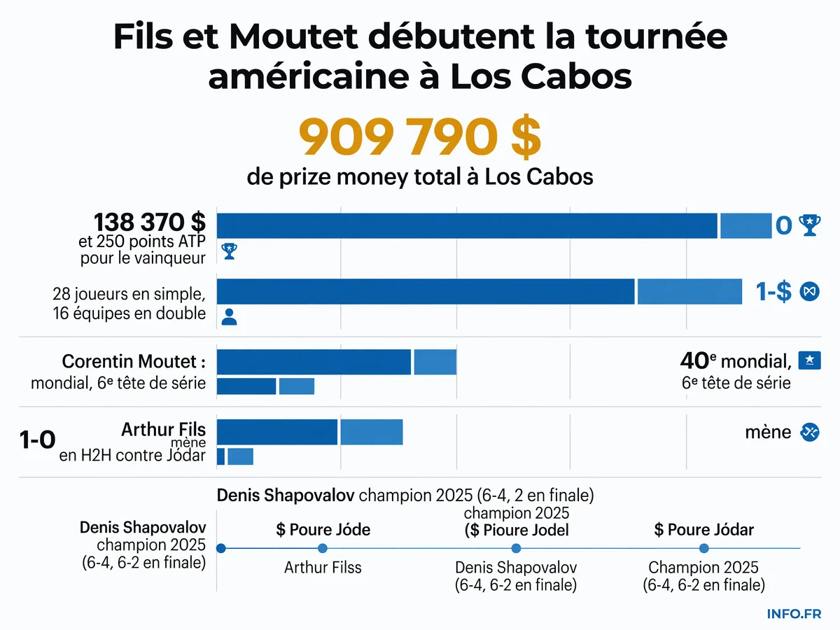 Chiffres clés de l'ATP 250 de Los Cabos 2026 avec prize money, classements et affiches du premier tour pour Arthur Fils et Corentin Moutet