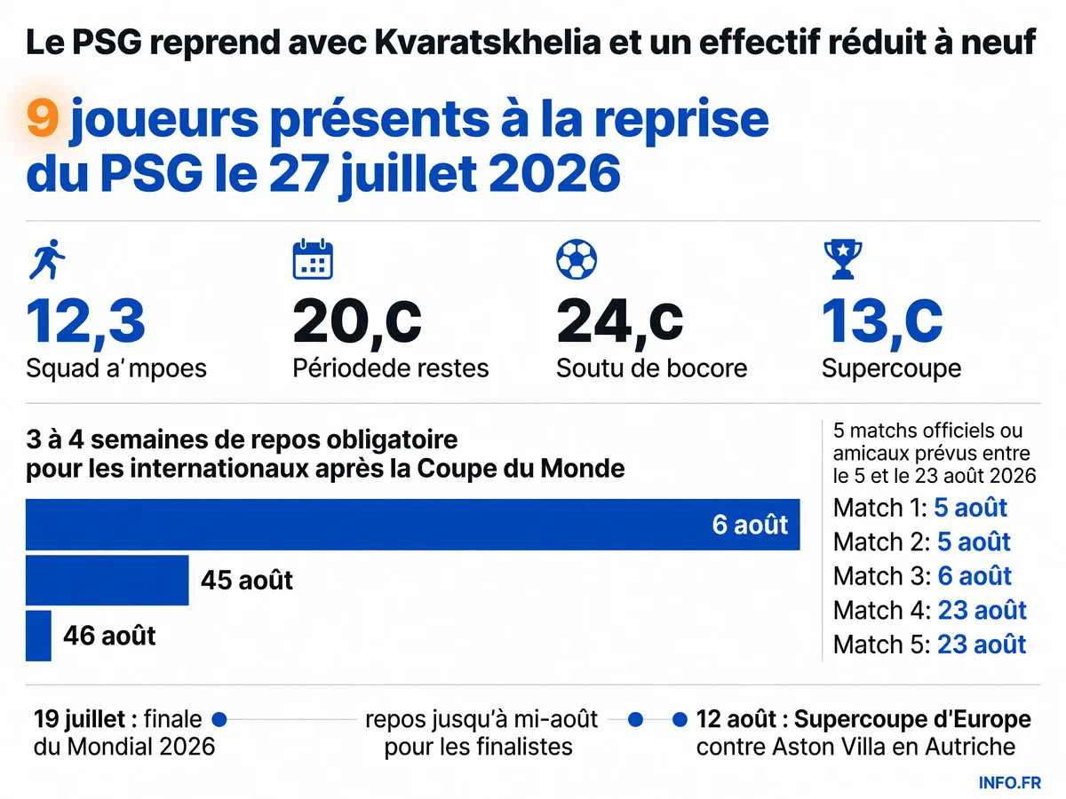 Calendrier de reprise du Paris Saint-Germain pour la saison 2026-2027 avec effectif réduit à 9 joueurs au 27 juillet