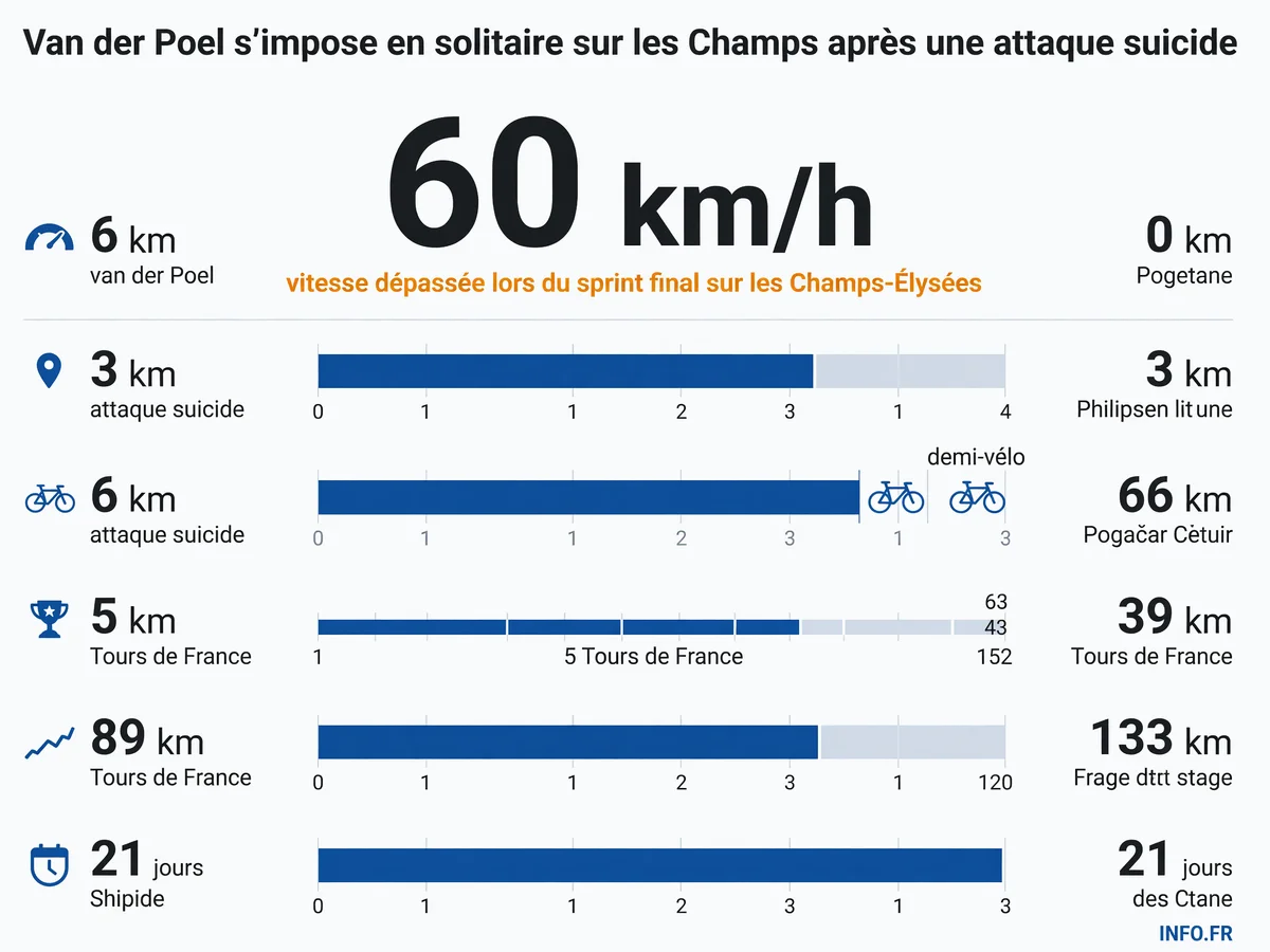 Mathieu van der Poel remporte la 21e étape du Tour de France 2026 sur les Champs-Élysées après une attaque solitaire à trois kilomètres de l'arrivée, tandis que Tadej Pogačar décroche son cinquième Tour.