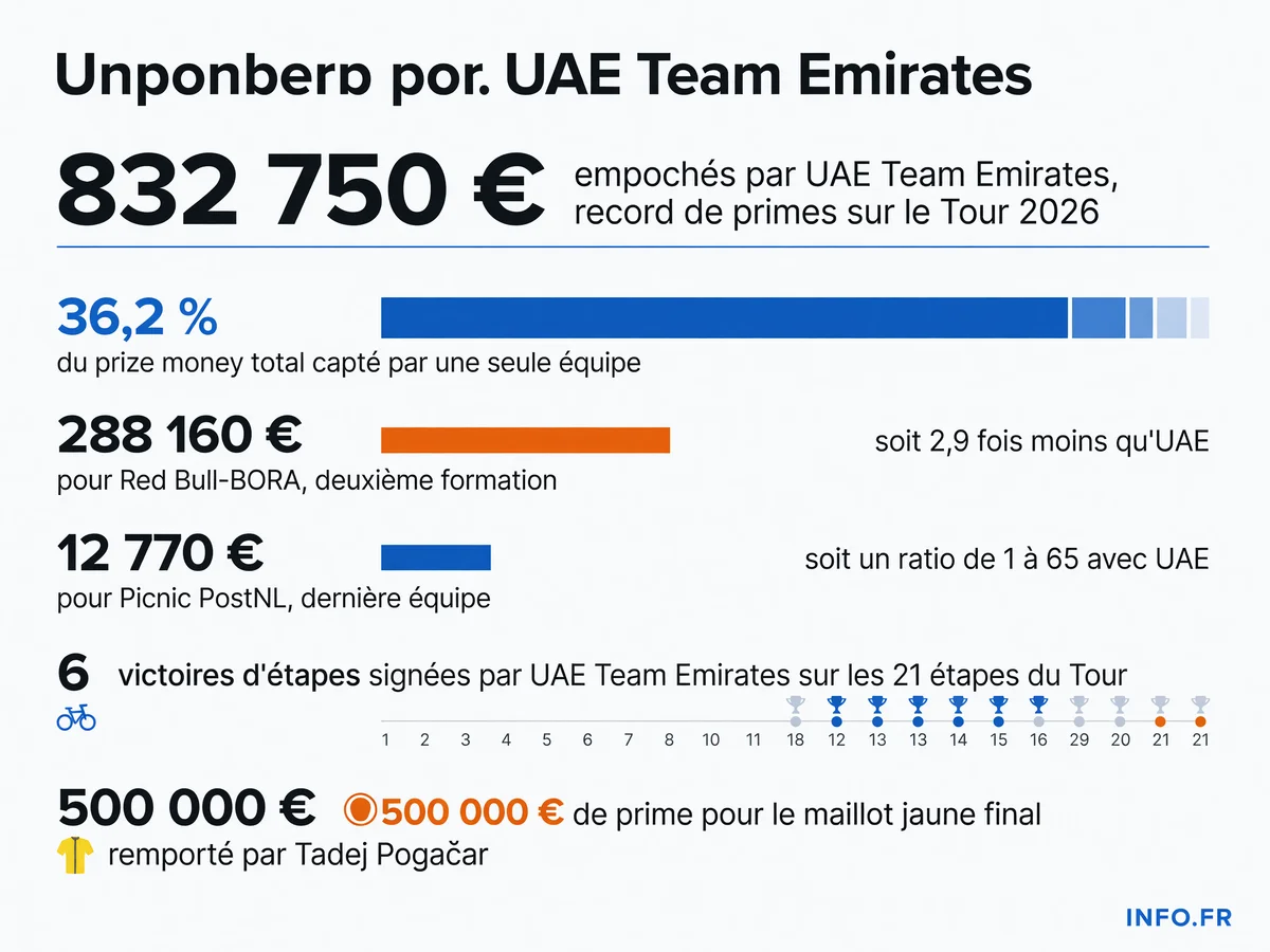 Classement des primes empochées par les équipes sur le Tour de France 2026, avec UAE Team Emirates en tête à 832 750 euros, loin devant Red Bull-BORA et Picnic PostNL.