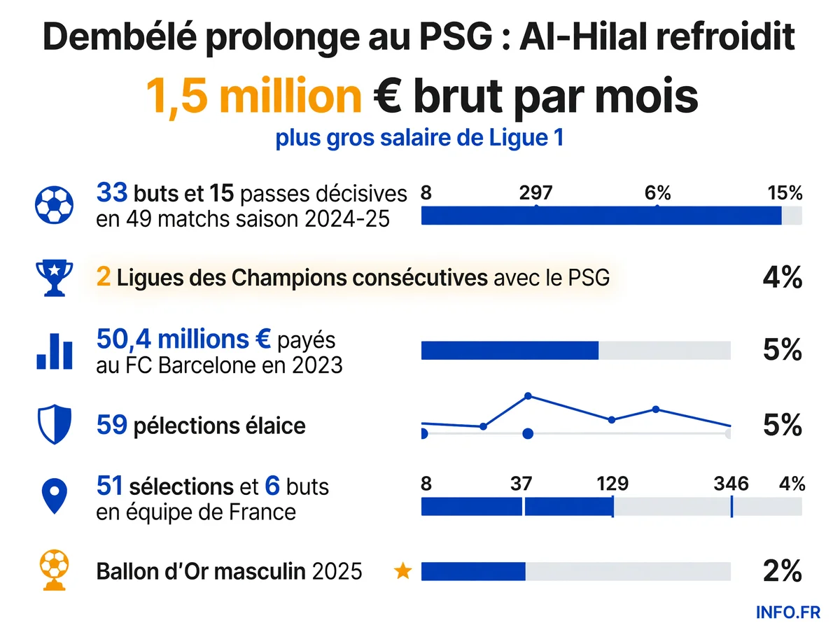 Statistiques et parcours d'Ousmane Dembélé au PSG: 33 buts en 49 matchs saison 2024-25, double vainqueur de la Ligue des Champions, Ballon d'Or 2025, prolongation jusqu'en juin 2030.
