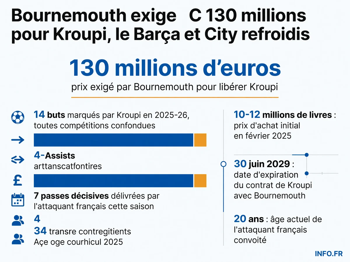Les chiffres clés du dossier Eli Junior Kroupi: valorisation record, statistiques 2025-26 et contrat jusqu'en 2029.