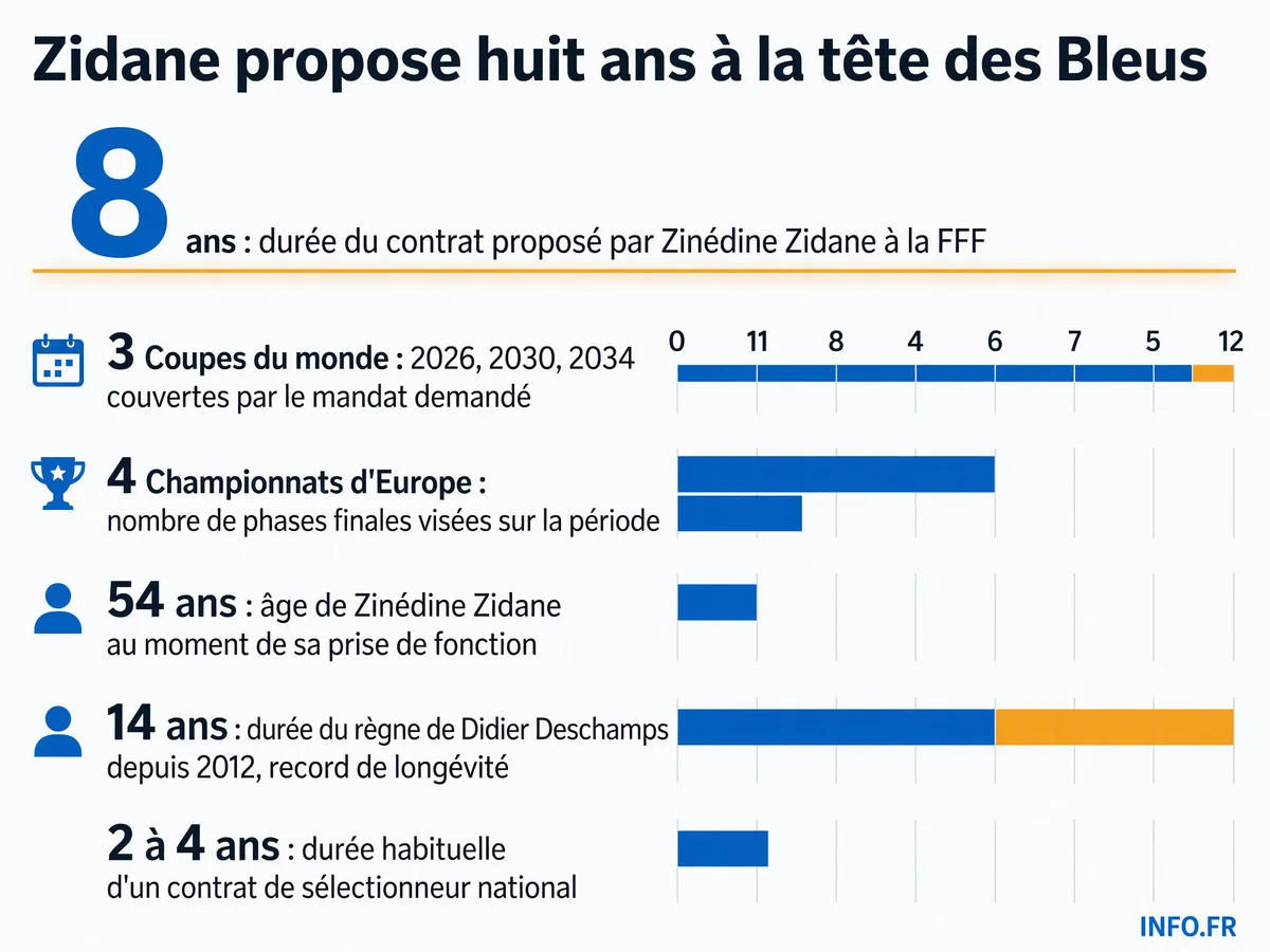 Infographie comparant la durée du contrat proposé par Zidane (8 ans, 3 Coupes du monde) aux contrats classiques de sélectionneur (2-4 ans, 1 Coupe du monde)