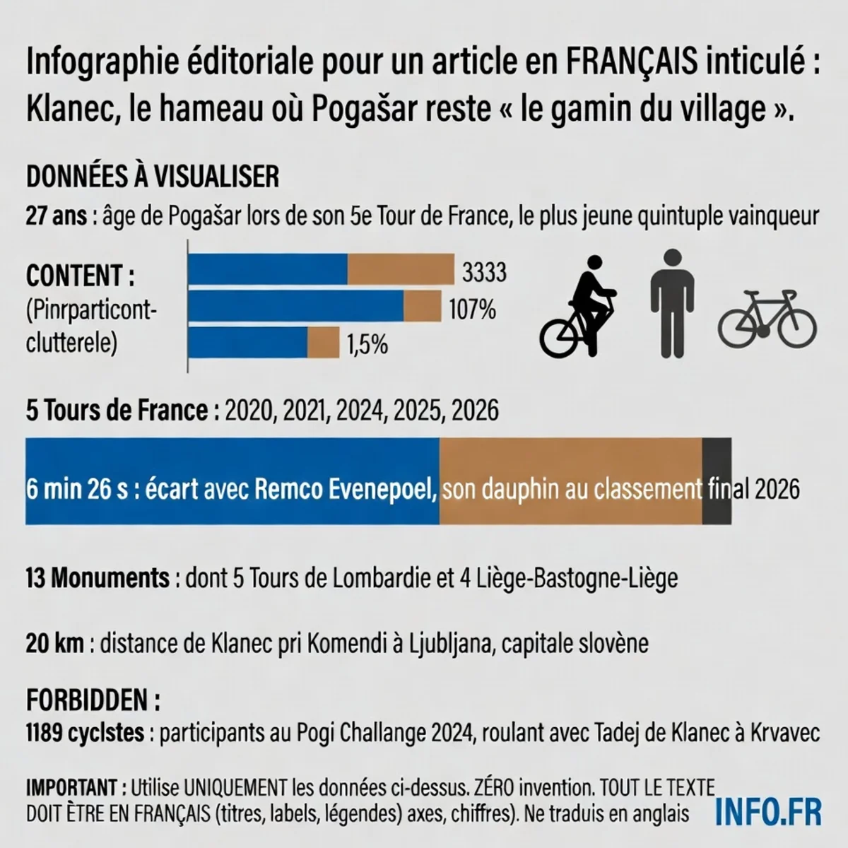Infographie présentant les chiffres-clés du parcours de Tadej Pogačar: 5 Tours de France à 27 ans, 13 Monuments, doublé Giro-Tour 2024, village natal à 20 km de Ljubljana et engagement local via le Pogi Challenge.