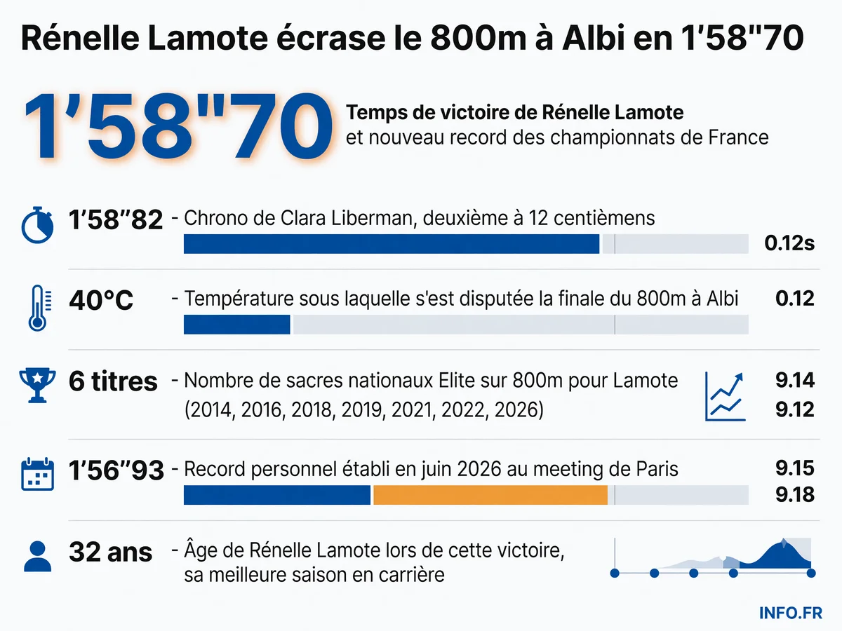 Infographie présentant les chiffres clés de la victoire de Rénelle Lamote au 800m des championnats de France Elite à Albi le 26 juillet 2026