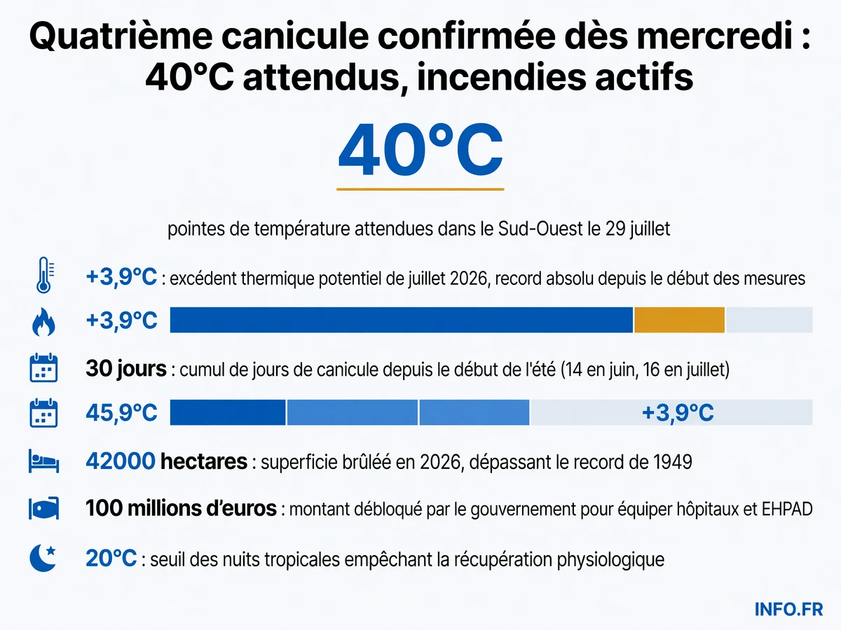 Bilan de la quatrième vague de chaleur de l'été 2026: températures record, superficie brûlée historique et mesures d'urgence sanitaire.