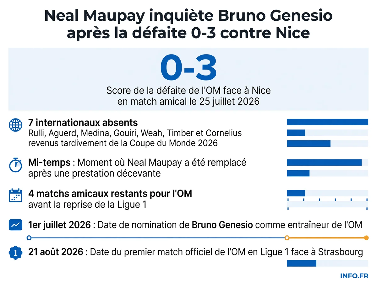 Défaite 0-3 de l'OM face à Nice en amical le 25 juillet 2026 avec Neal Maupay remplacé à la mi-temps et sept internationaux absents revenus de la Coupe du Monde