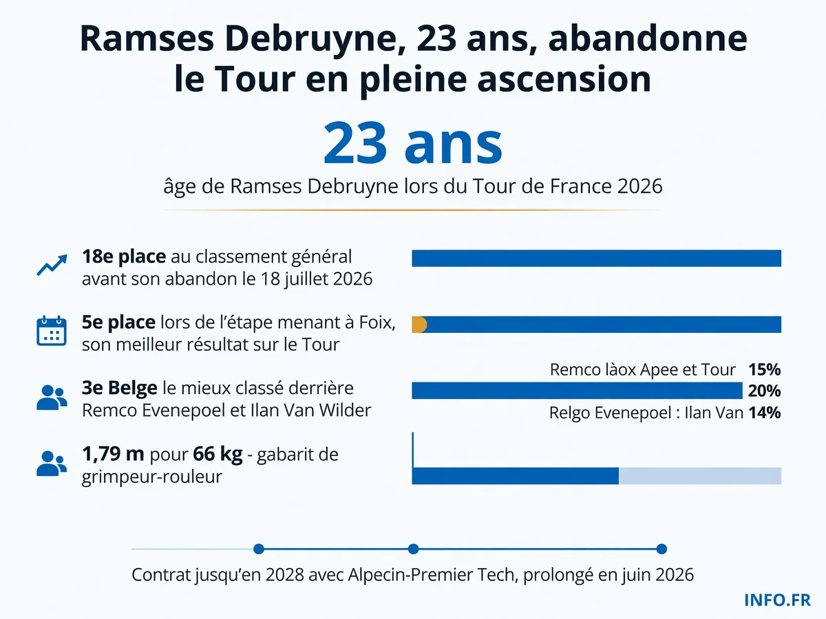 Parcours et performances de Ramses Debruyne lors du Tour de France 2026, révélation belge contrainte à l'abandon pour raisons médicales.