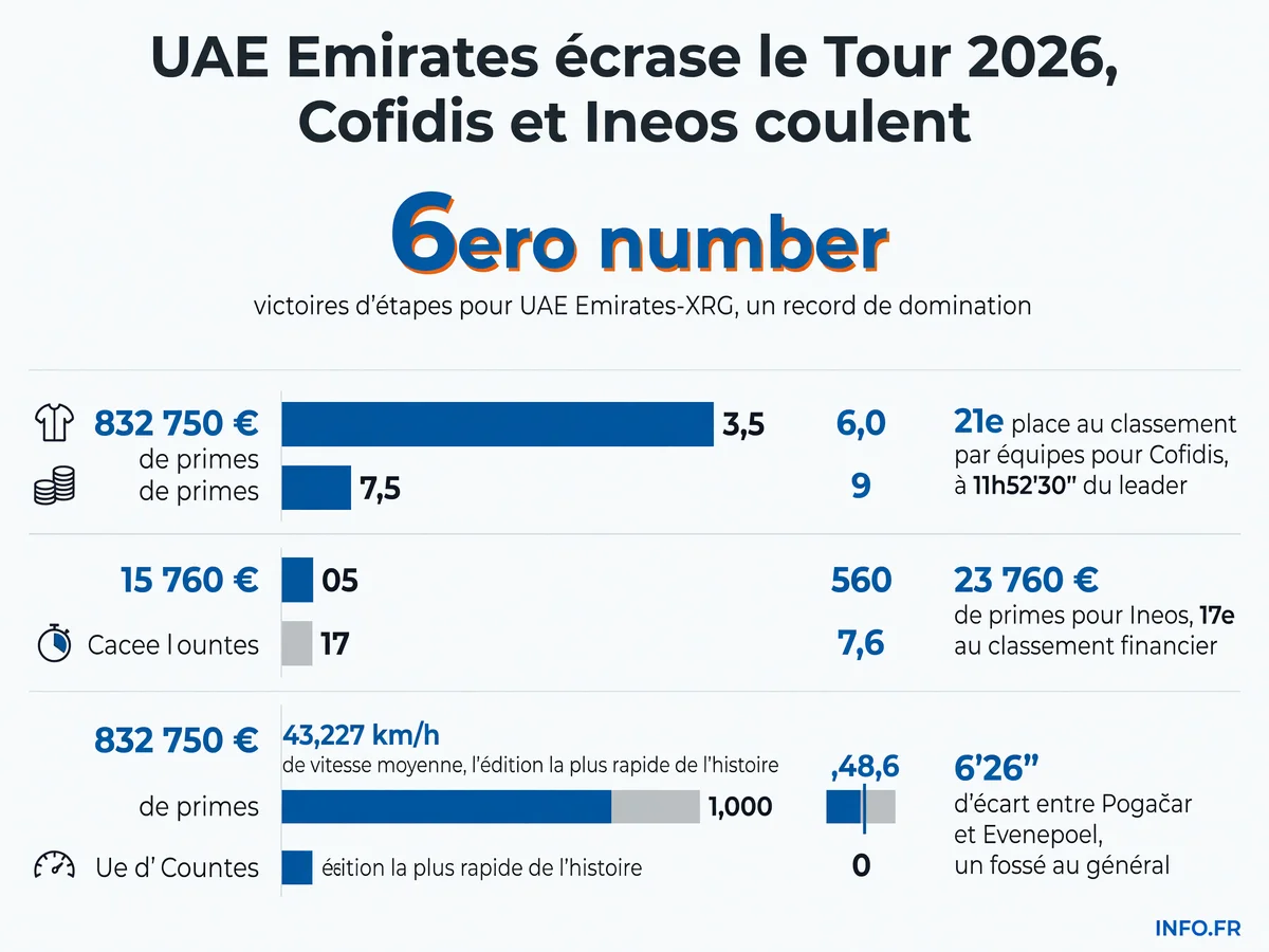 Infographie présentant les chiffres clés du Tour de France 2026: domination d'UAE Emirates avec 6 victoires et 832 750 € de primes, face à l'échec de Cofidis (21e) et Ineos (23 760 € de gains).