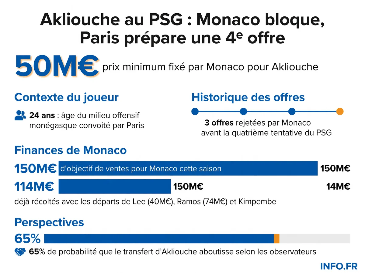 Les chiffres clés du dossier Akliouche au PSG: prix demandé par Monaco, offres rejetées et départs déjà actés pour financer le transfert