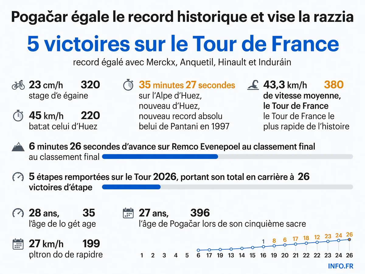 Tadej Pogačar égale le record historique de cinq victoires sur le Tour de France et vise une razzia sur Vuelta, Mondiaux et Tour de Lombardie en 2026