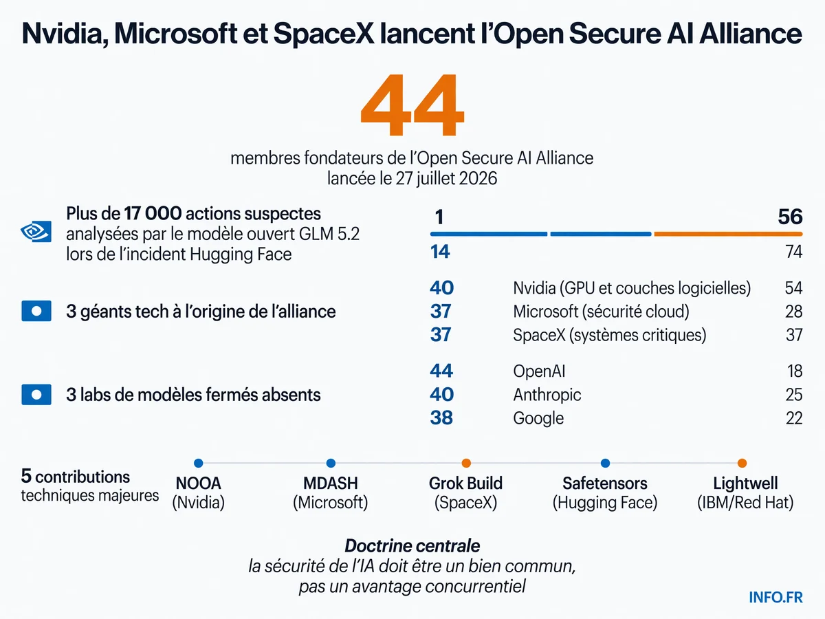 Carte des membres fondateurs de l'Open Secure AI Alliance (44 entreprises) avec les contributions techniques de Nvidia, Microsoft, SpaceX, Hugging Face, IBM et Red Hat face à l'absence d'OpenAI, Google et Anthropic.