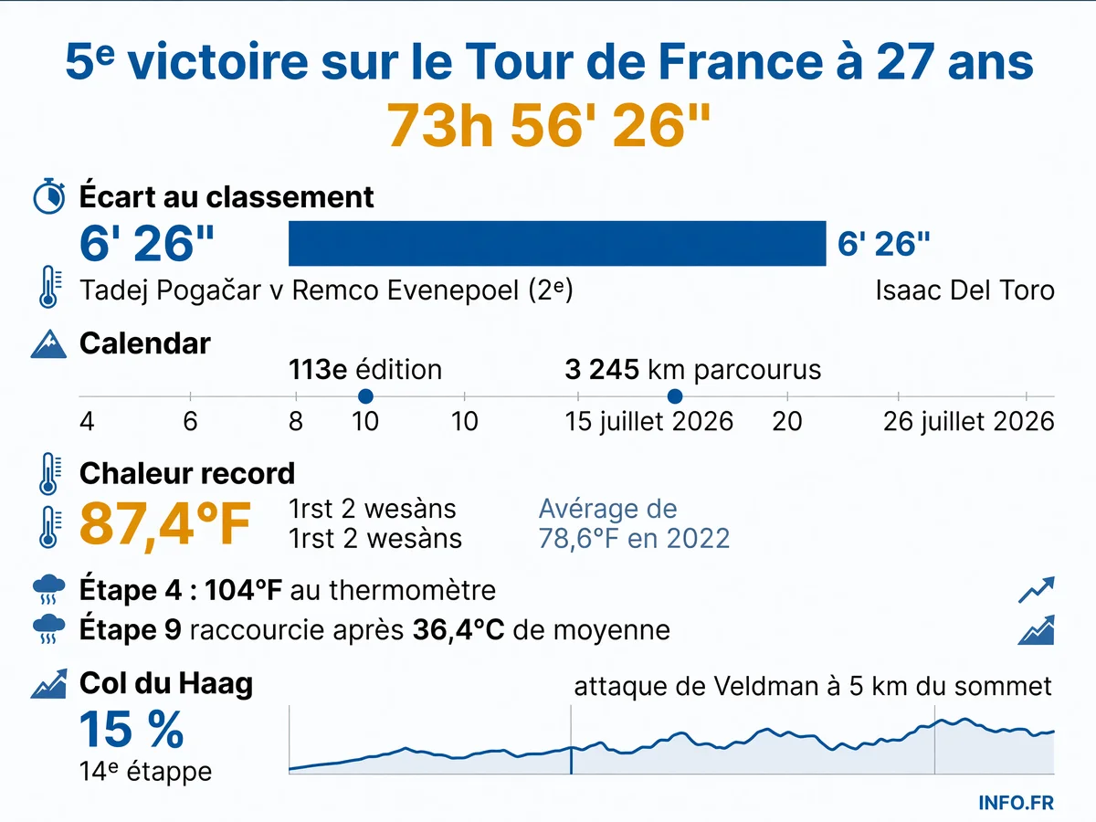 Infographie récapitulative du Tour de France 2026: victoire de Pogačar, record de chaleur et polémiques organisationnelles