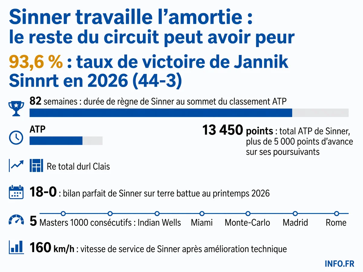Infographie montrant les statistiques de domination de Jannik Sinner en 2026: 93,6% de victoires, 82 semaines au sommet du classement ATP, et 5 Masters 1000 consécutifs.