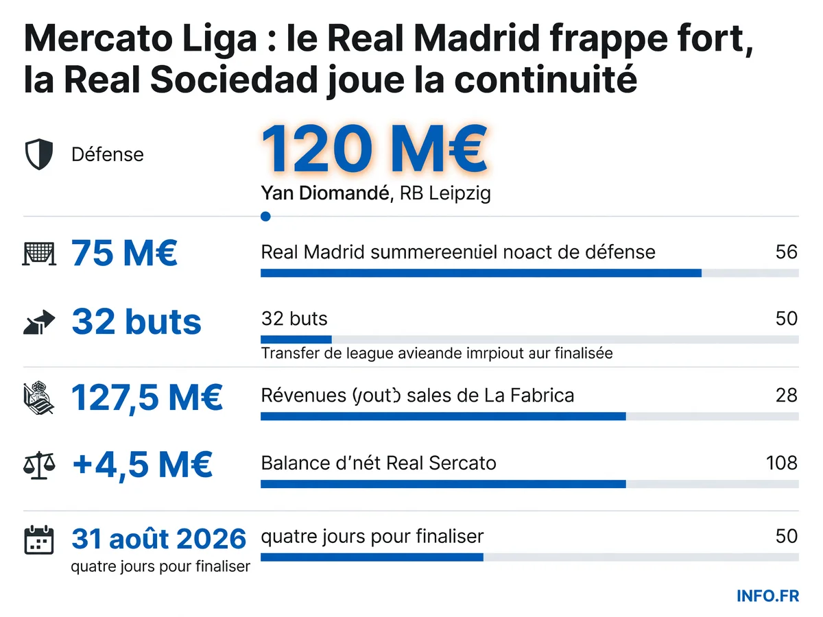 Infographie représentant les chiffres clés du mercato estival 2026 de La Liga avec focus sur le Real Madrid et la Real Sociedad