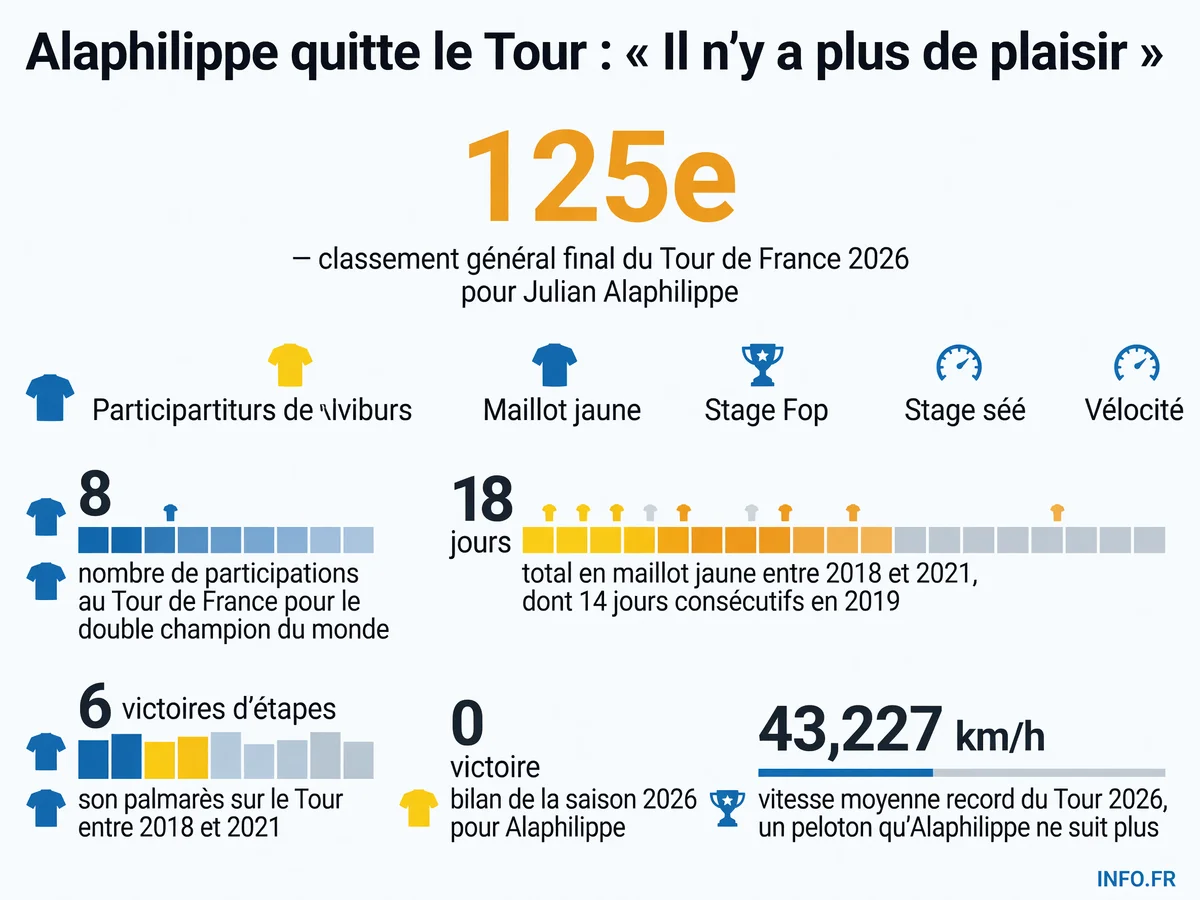 Bilan de la carrière de Julian Alaphilippe sur le Tour de France: 8 participations, 18 jours en jaune, 6 victoires d'étapes, et un adieu en 2026 après une 125e place au général.