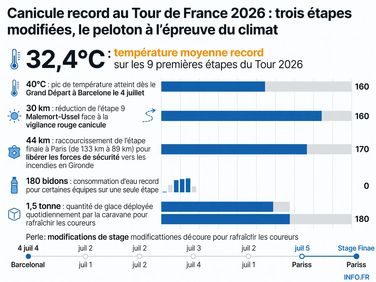 Données clés de la canicule record du Tour de France 2026: températures extrêmes, étapes modifiées et logistique d'urgence