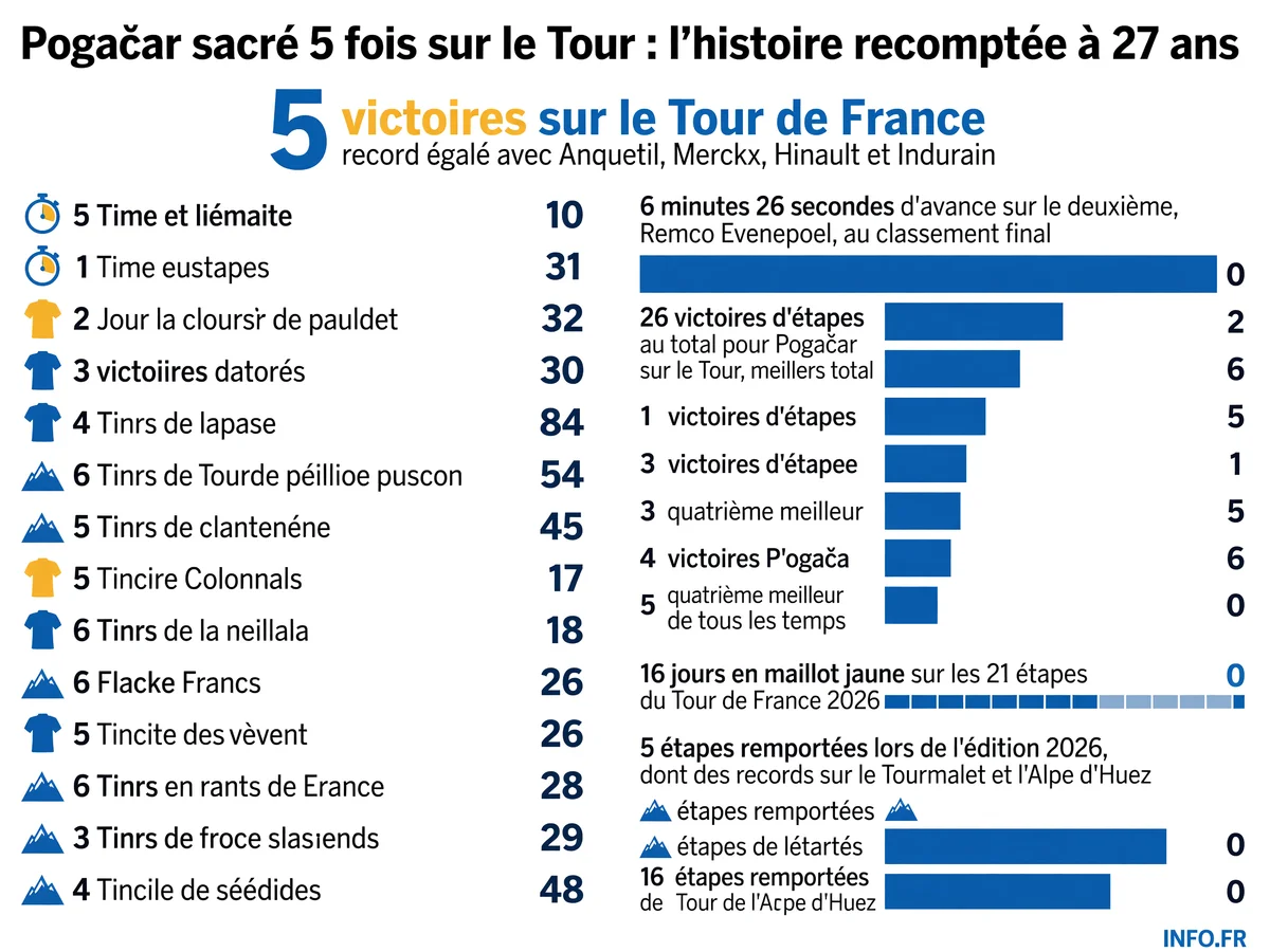 Bilan chiffré de la victoire historique de Tadej Pogačar sur le Tour de France 2026, égalant le record de cinq sacres à 27 ans.
