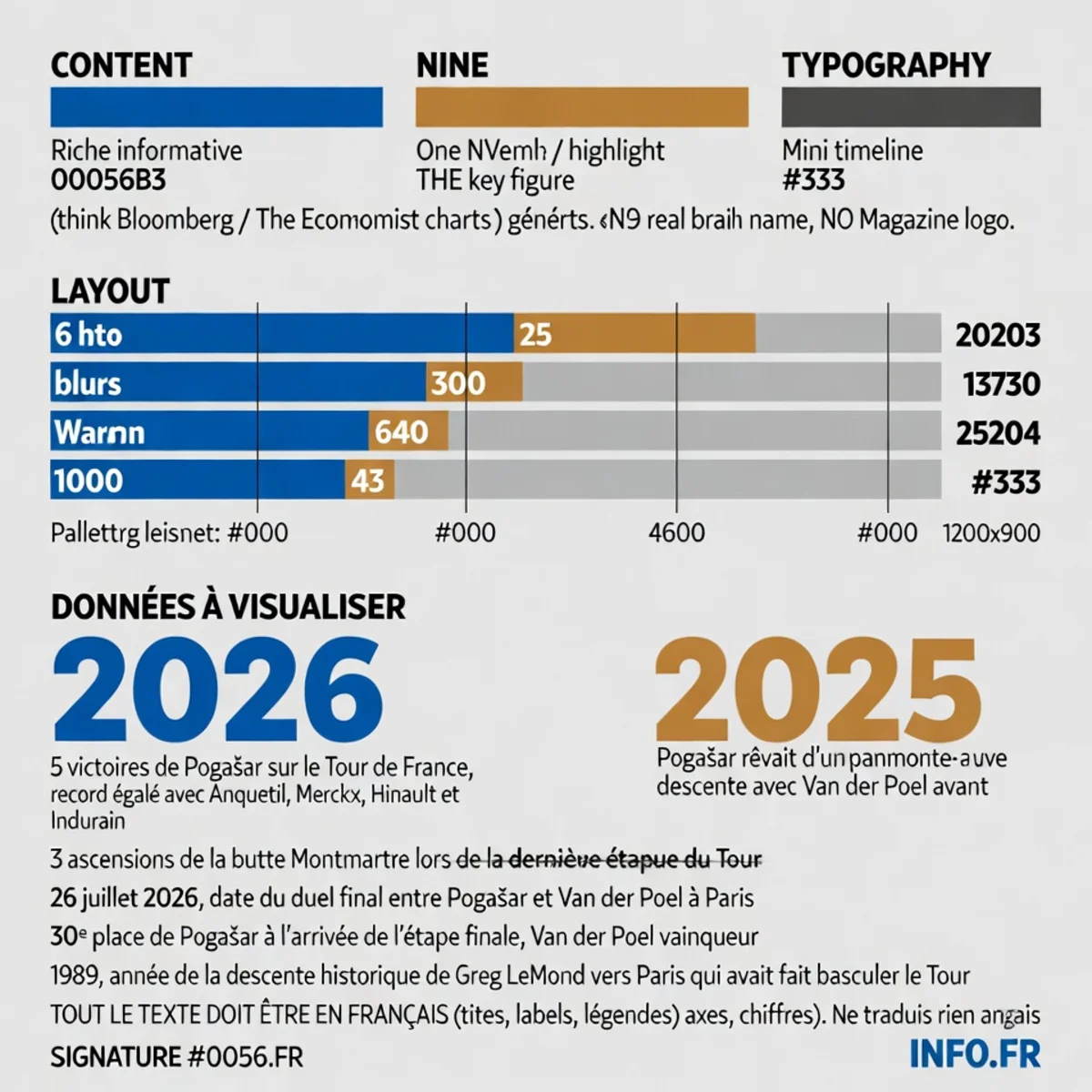 Infographie présentant les données clés du duel Pogačar-Van der Poel lors de l'étape finale du Tour de France 2026 à Paris, avec le record historique de cinq victoires égalé par le Slovène.