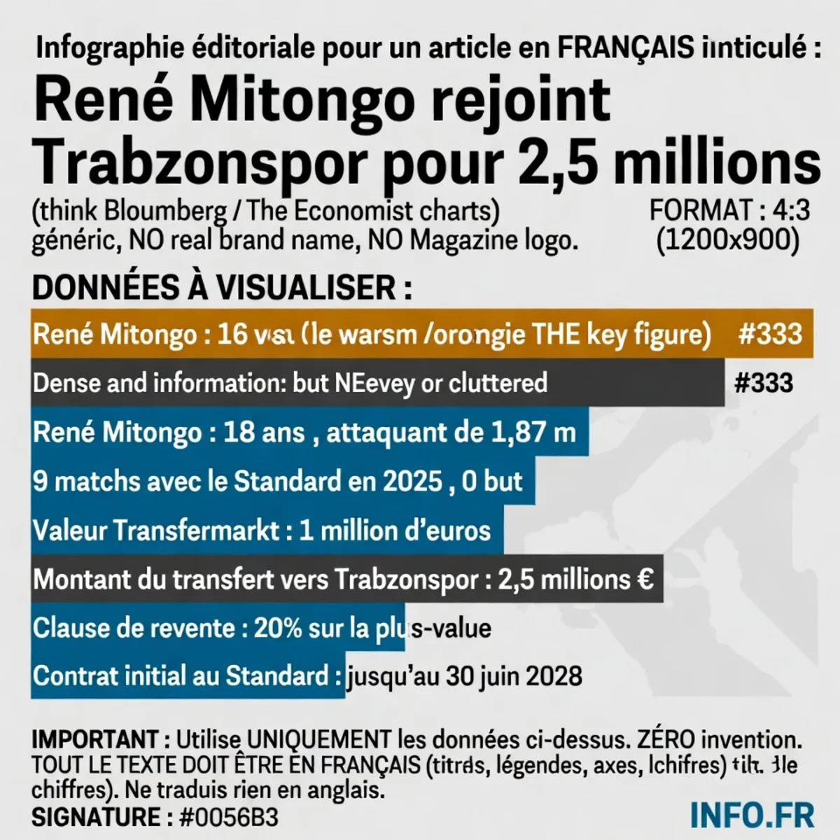 Infographie présentant les chiffres-clés du transfert de René Mitongo du Standard de Liège vers Trabzonspor en 2026.