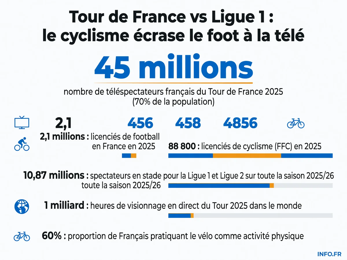 Comparaison des audiences et licenciés entre cyclisme et football en France en 2025