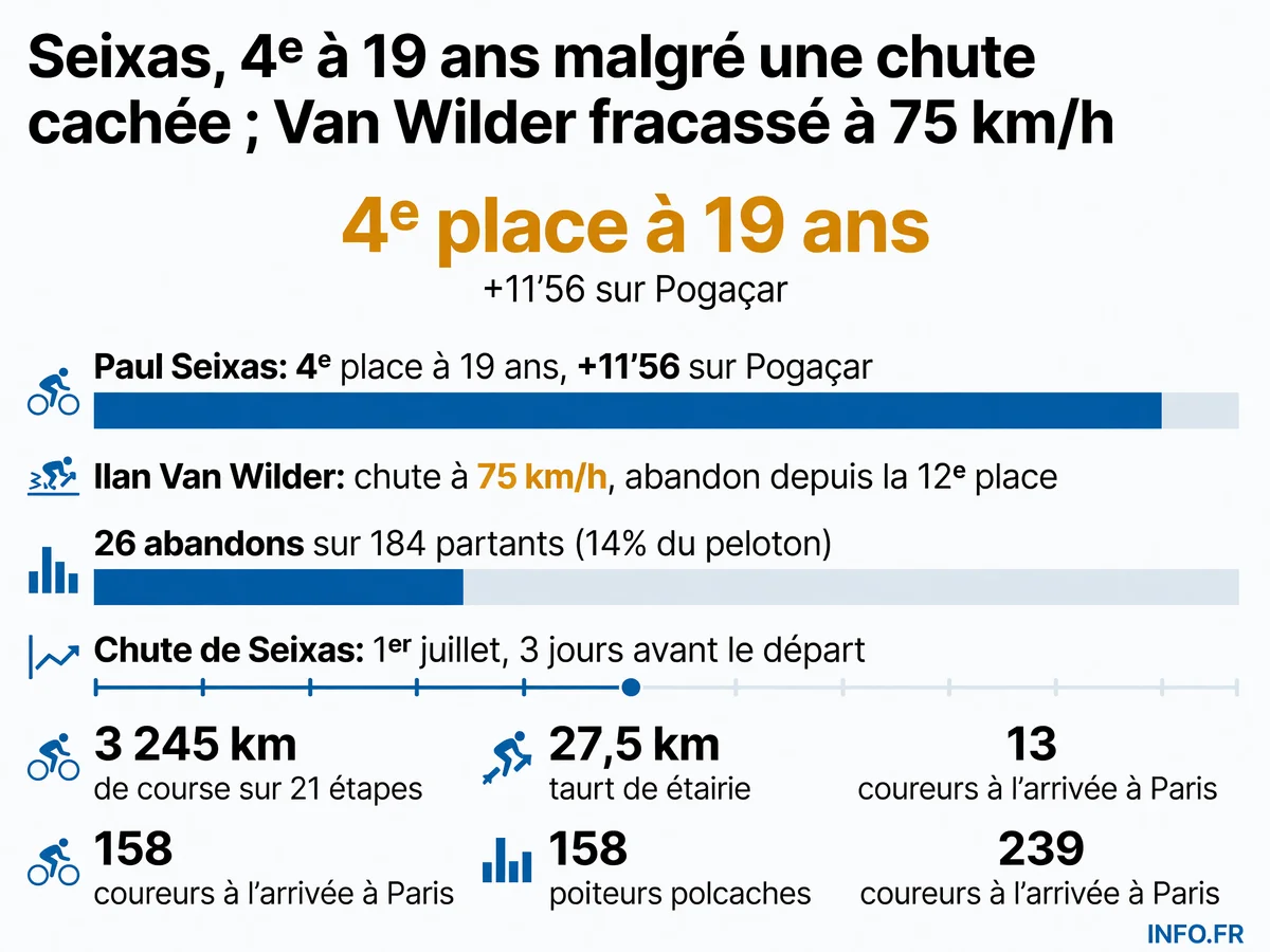 Bilan contrasté du Tour de France 2026: Paul Seixas termine 4e à 19 ans malgré une chute pré-course et un rhume, tandis qu'Ilan Van Wilder abandonne après une chute à 75 km/h lors de l'étape 20