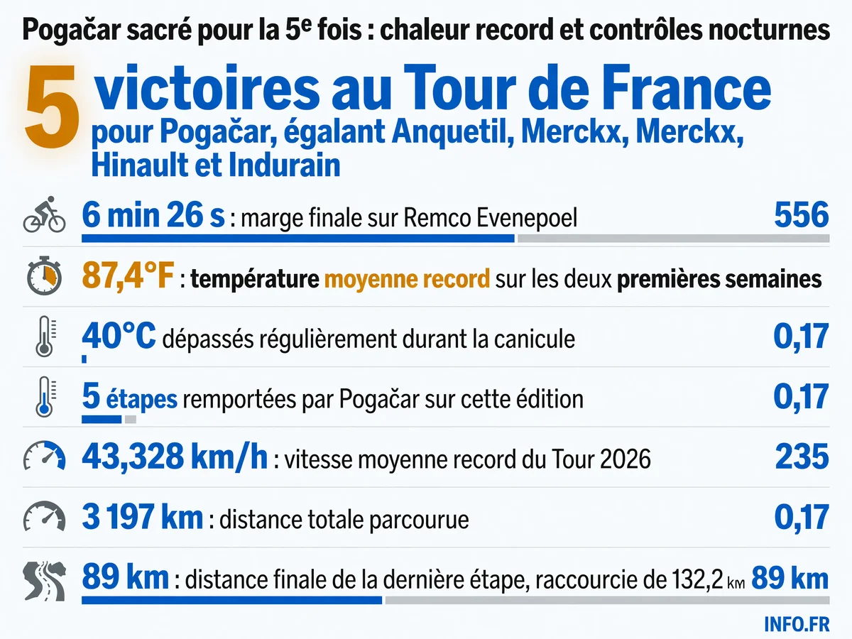 Infographie du Tour de France 2026 remporté par Tadej Pogačar: 5e victoire historique, canicule record à 87,4°F, et marge de 6 min 26 s sur Evenepoel