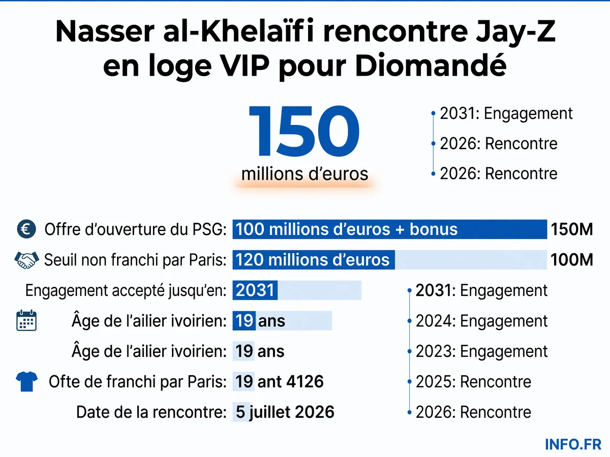 Les chiffres-clés du transfert avorté de Yan Diomandé au PSG: de l'offre parisienne de 100M€ à la demande de Leipzig de 150M€, en passant par la rencontre au sommet du 5 juillet 2026 entre Nasser al-Khelaïfi et Jay-Z.