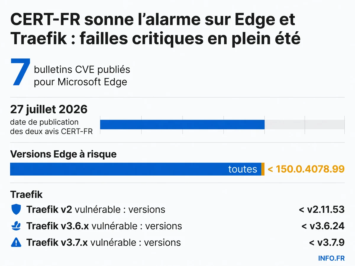 Versions critiques de Microsoft Edge et Traefik exposées aux vulnérabilités signalées par le CERT-FR le 27 juillet 2026, avec les seuils de sécurité à respecter pour chaque branche logicielle.