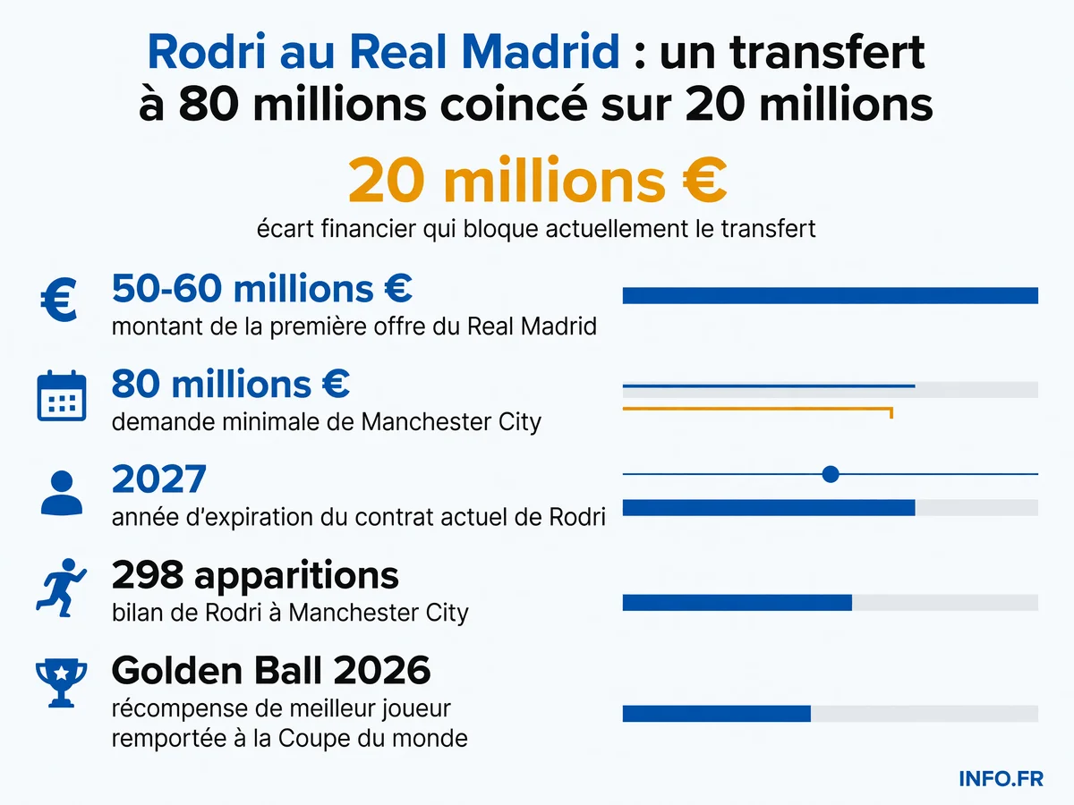 Transfert de Rodri au Real Madrid: les chiffres clés des négociations bloquées entre Madrid et Manchester City sur fond de contrat expirant en 2027.