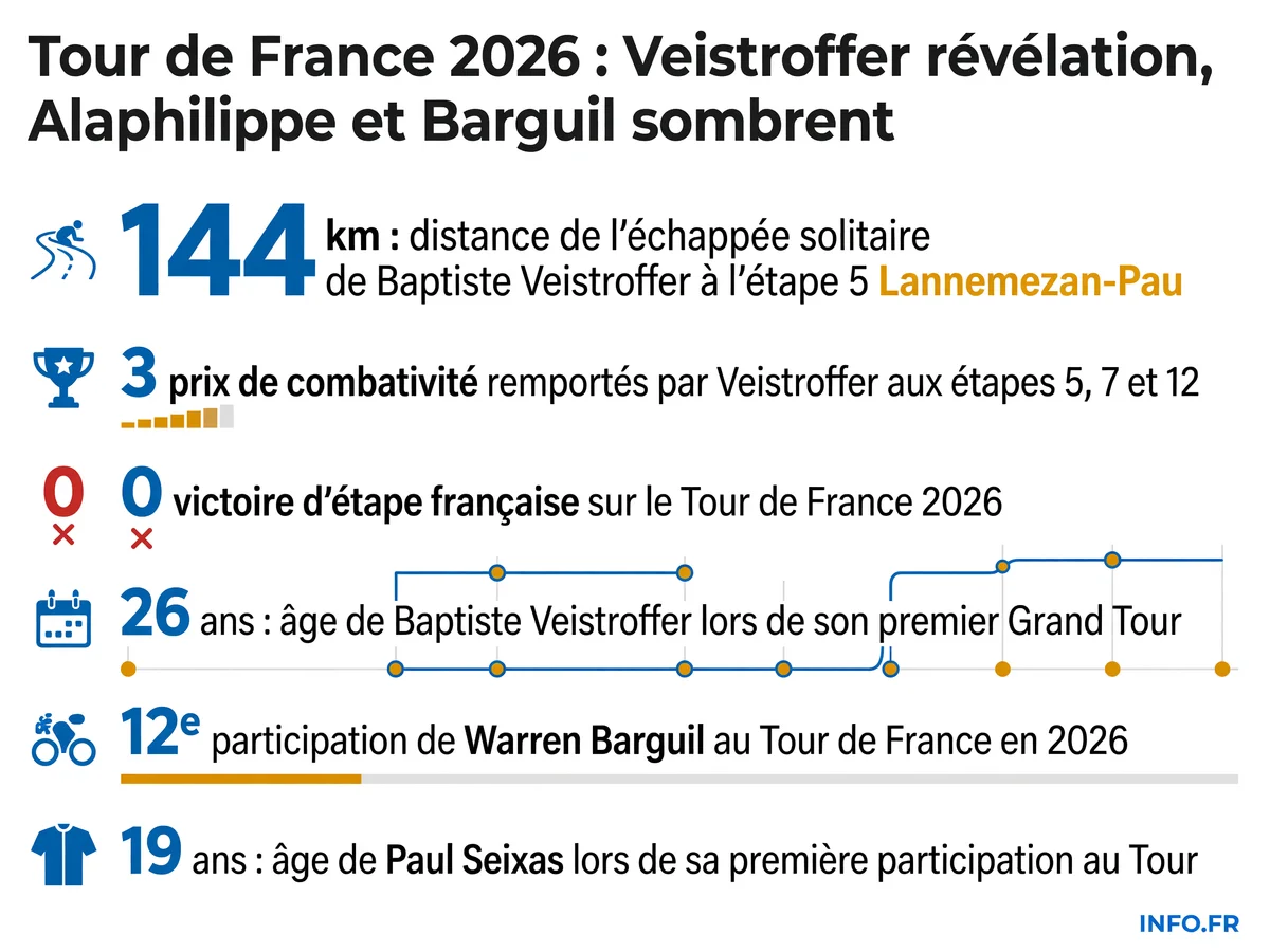 Bilan contrasté des coureurs français sur le Tour de France 2026: Veistroffer multiplie les échappées et prix de combativité sans victoire, Alaphilippe abandonne, Barguil invisible.