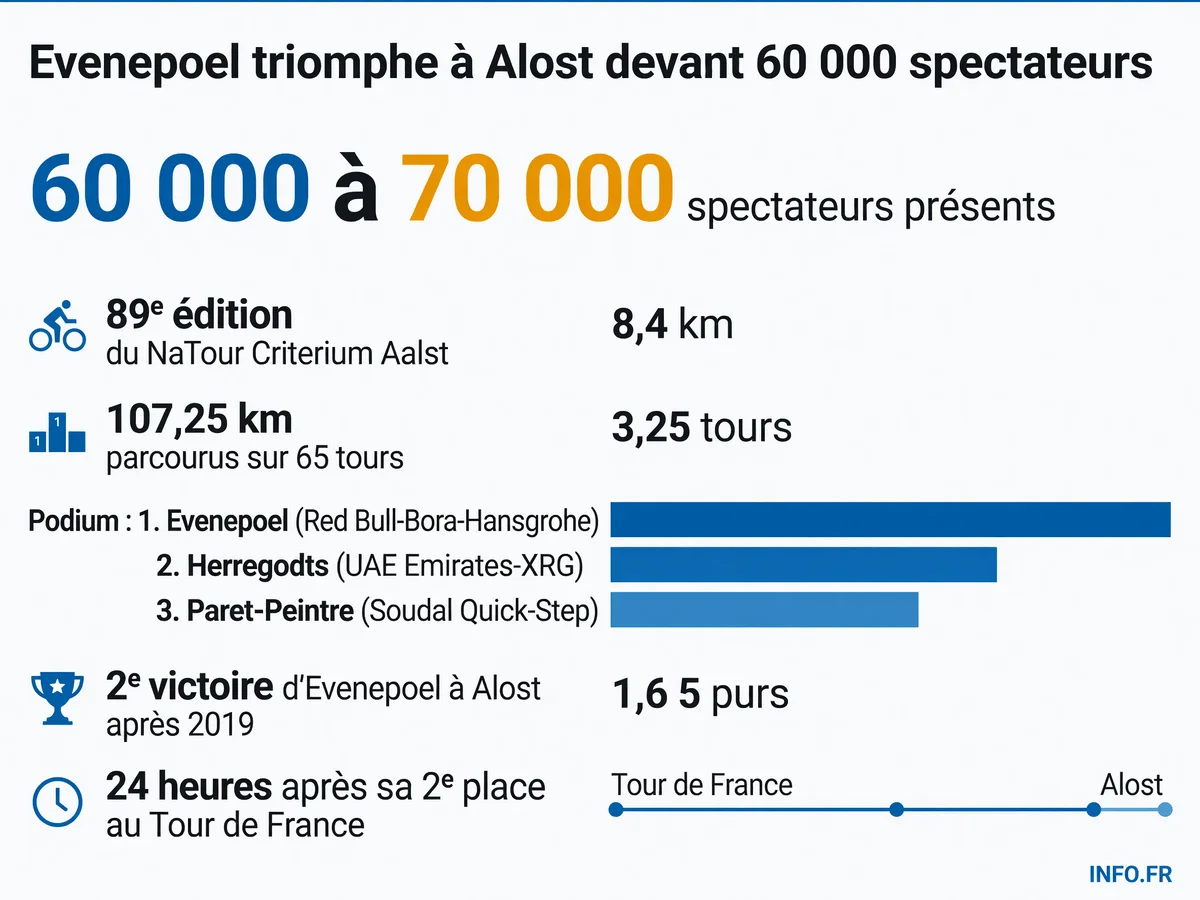 Infographie du 89e NaTour Criterium d'Alost remporté par Remco Evenepoel le 27 juillet 2026 devant 60 000 spectateurs