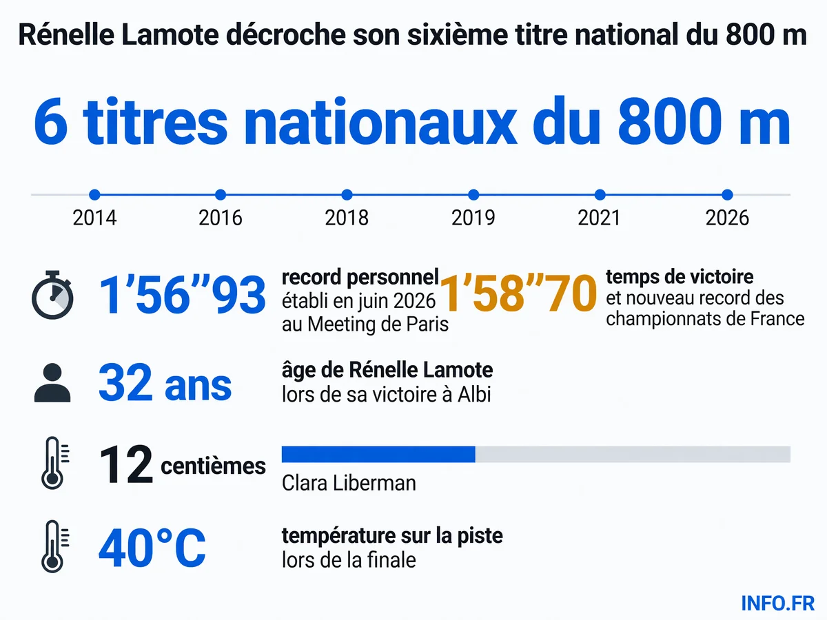 Infographie présentant les statistiques de la victoire de Rénelle Lamote aux championnats de France Elite du 800 m à Albi le 26 juillet 2026