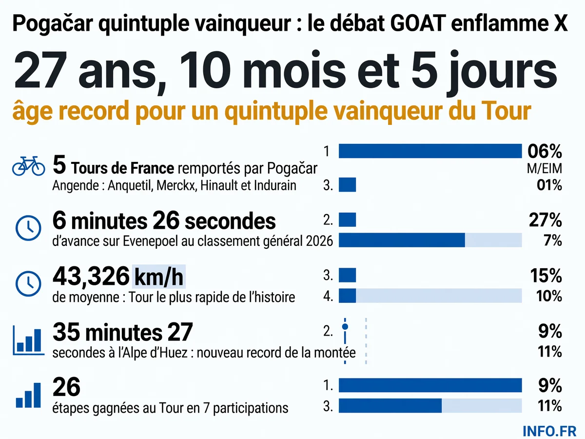 Palmarès de Tadej Pogačar au Tour de France 2026: 5 victoires, records de vitesse et de précocité.