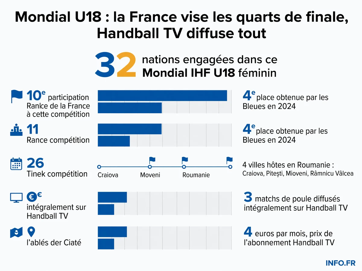Calendrier et chiffres clés du Mondial IHF U18 féminin de handball, disputé en Roumanie du 29 juillet au 9 août 2026.