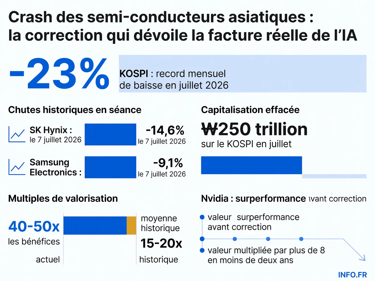 Correction violente des indices boursiers asiatiques tech en juillet 2026: KOSPI -23%, SK Hynix -14,6%, Samsung -9,1%, ₩250 trillion de capitalisation effacée.