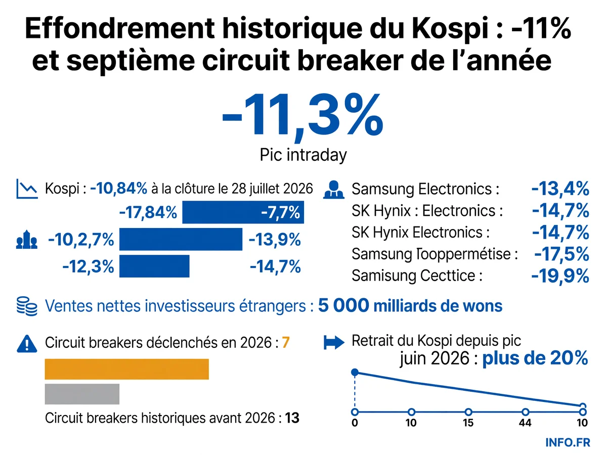 Effondrement du marché sud-coréen le 28 juillet 2026 avec chute de 10,84% du Kospi, septième circuit breaker de l'année, et pertes massives sur Samsung et SK Hynix.
